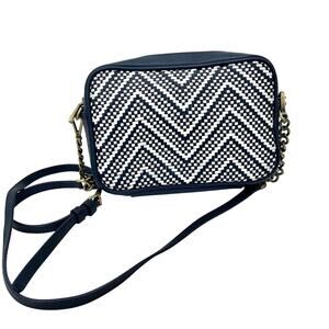 Michael Kors Ginny Camera Crossbody Bag Woven Intrecciato Chevron Leather Navy